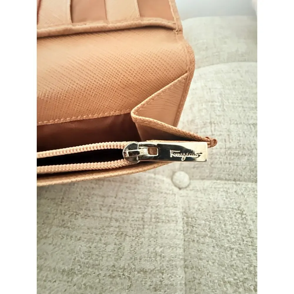 Salvatore Ferragamo Gancini Long Wallet – Beige Saffiano Leather Silver Hardware